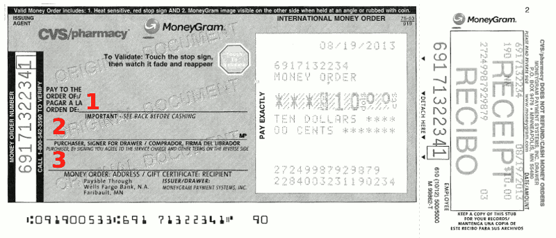 Money order выпущенный в CVS